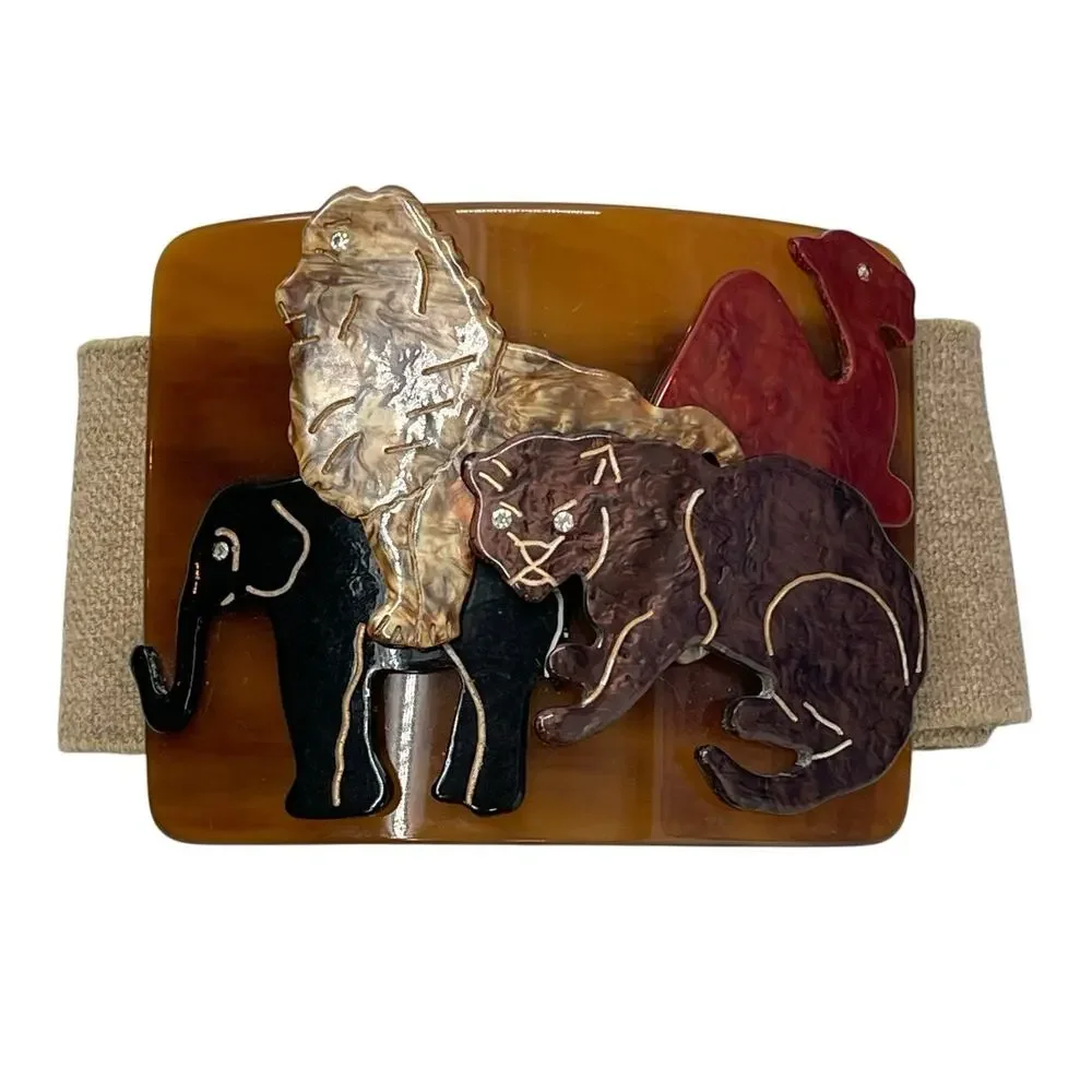 Vintage Statement Belt Buckle Animal Safari Plastic Rhinestone Eyes Stretchy